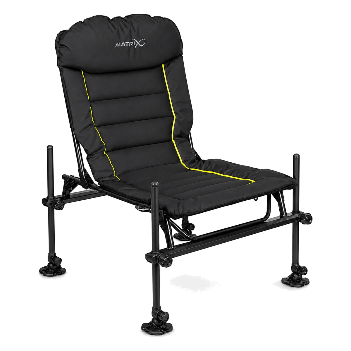 Zwarte Matrix S25 Pro Accessory Chair feederstoel met hoge gevoerde rugleuning, gele biezen en verstelbare poten