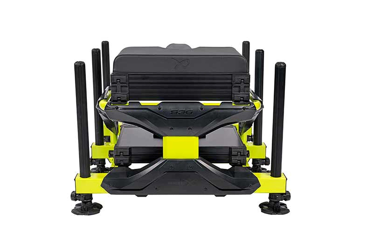 Matrix S36 Pro Lime-zitkist – volledig achteraanzicht met S36-opdruk op de zwarte draagconstructie