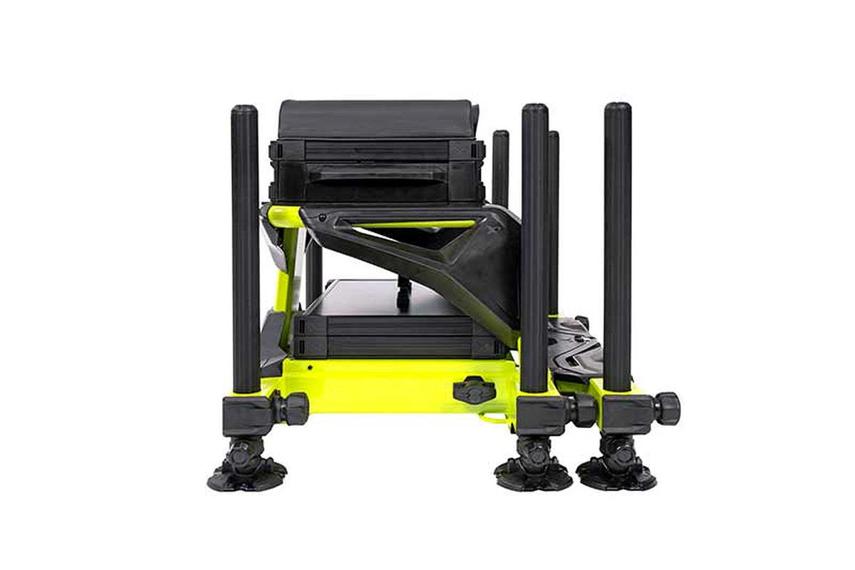 Matrix S36 Pro Lime-zitkist – zijaanzicht met lime onderframe, zwarte draagconstructie en poten