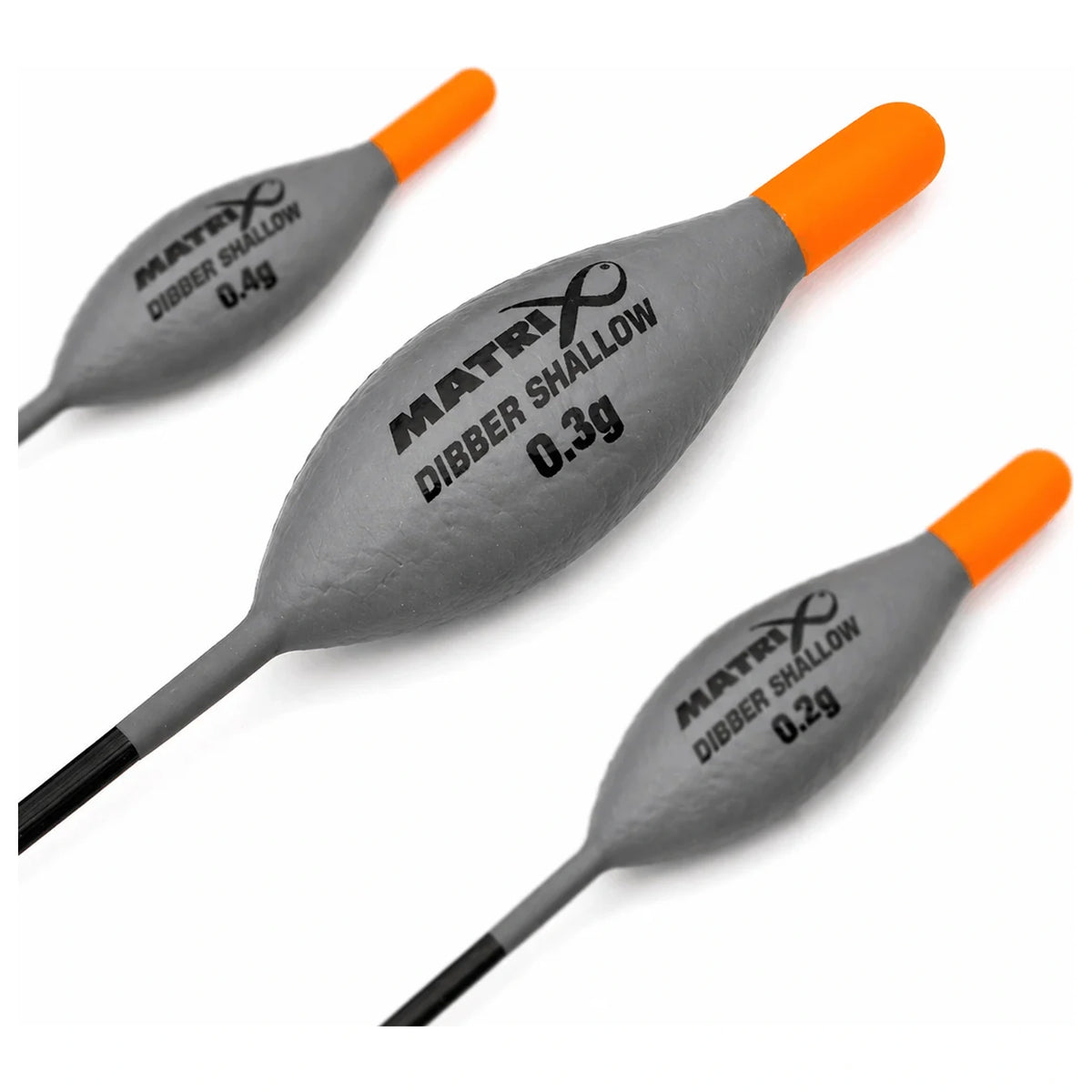 Drie Matrix Dibber Shallow dobbers met grijze lichamen en korte oranje toppen