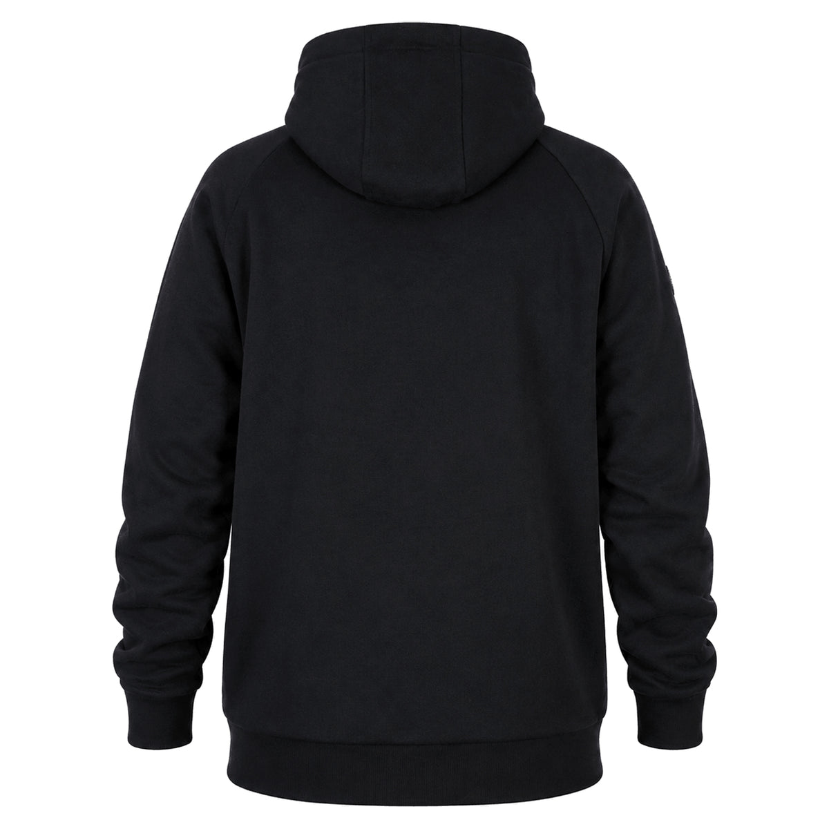Achteraanzicht van de zwarte Matrix Sherpa Hoody met capuchon, raglannaden en geribde boord