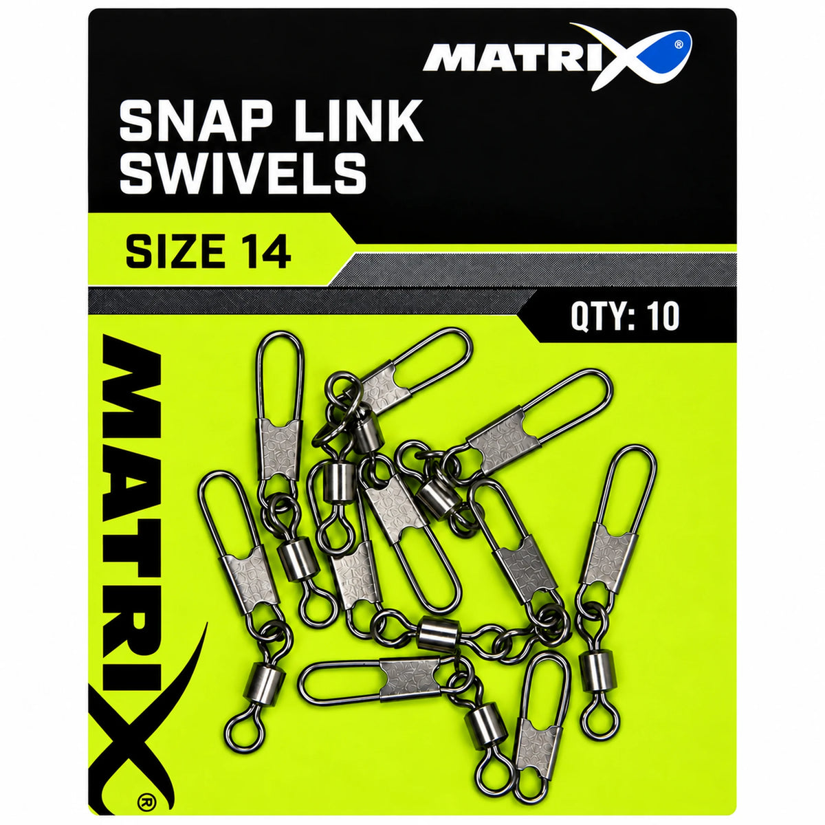 Zwart-lime Matrix-verpakking met tien overlappende zilverkleurige speldwartels, opdruk Snap Link Swivels, Size 14 en Qty 10.