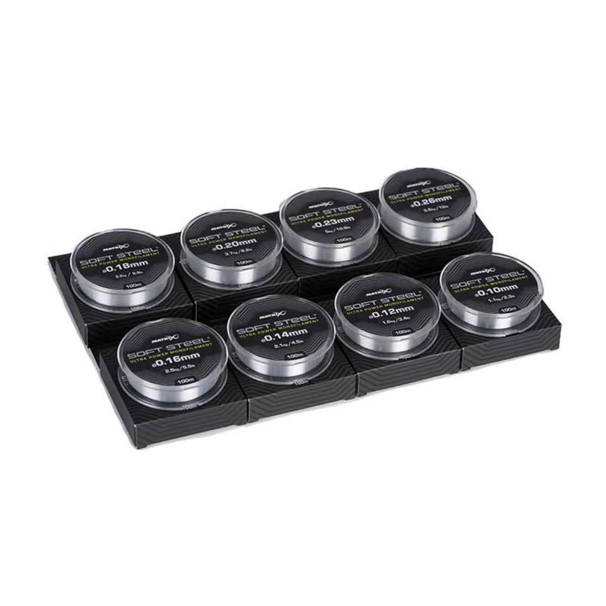 Display met acht Matrix Soft Steel Ultra Power monofilament spoelen