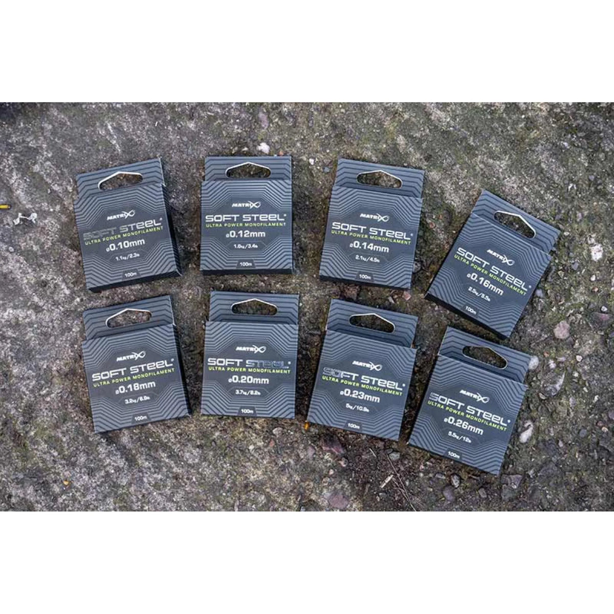 Volledig assortiment Matrix Soft Steel Ultra Power monofilament verpakkingen