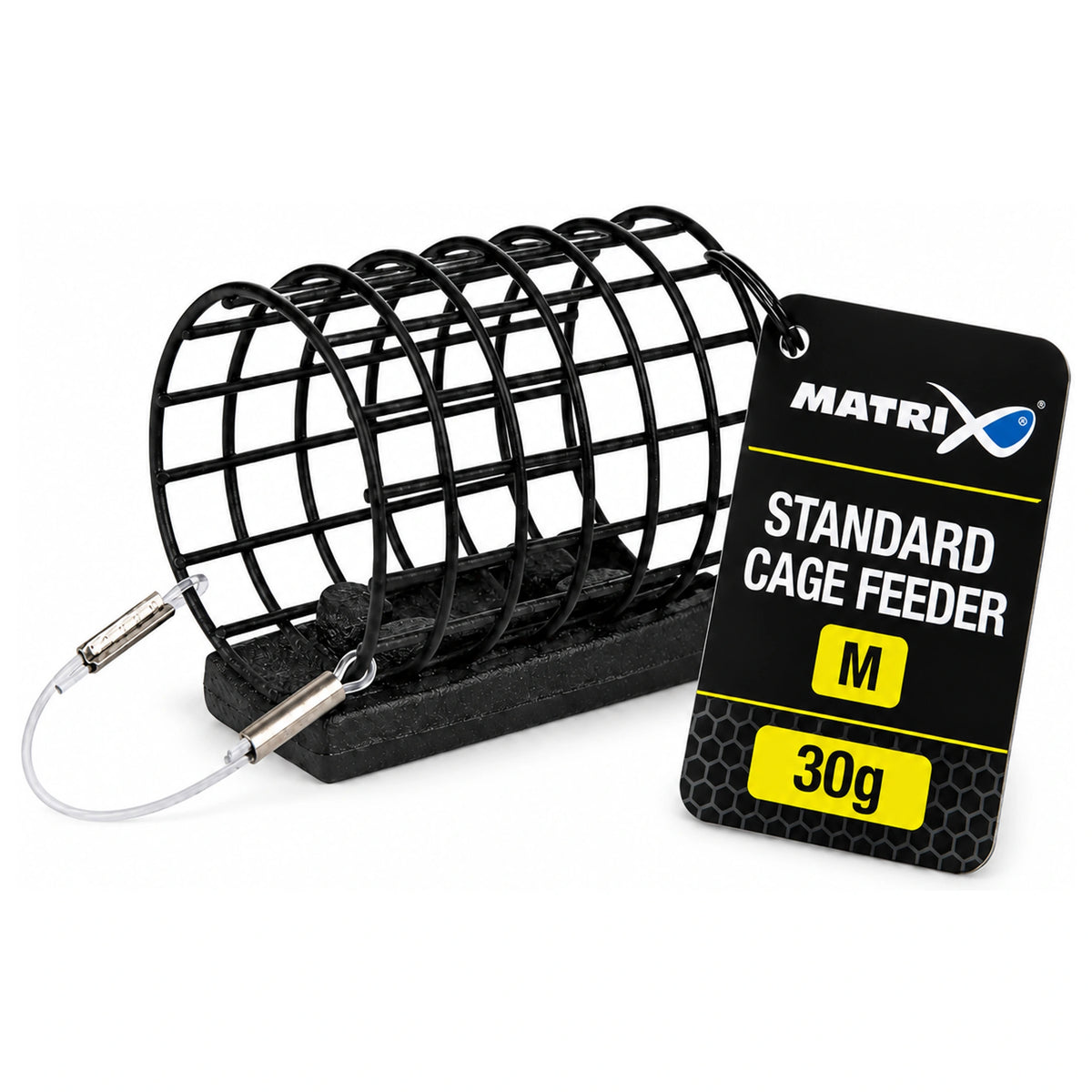 Zwarte Matrix-gaasvoerkorf met bevestigingslus en kaartje Standard Cage Feeder M 30g