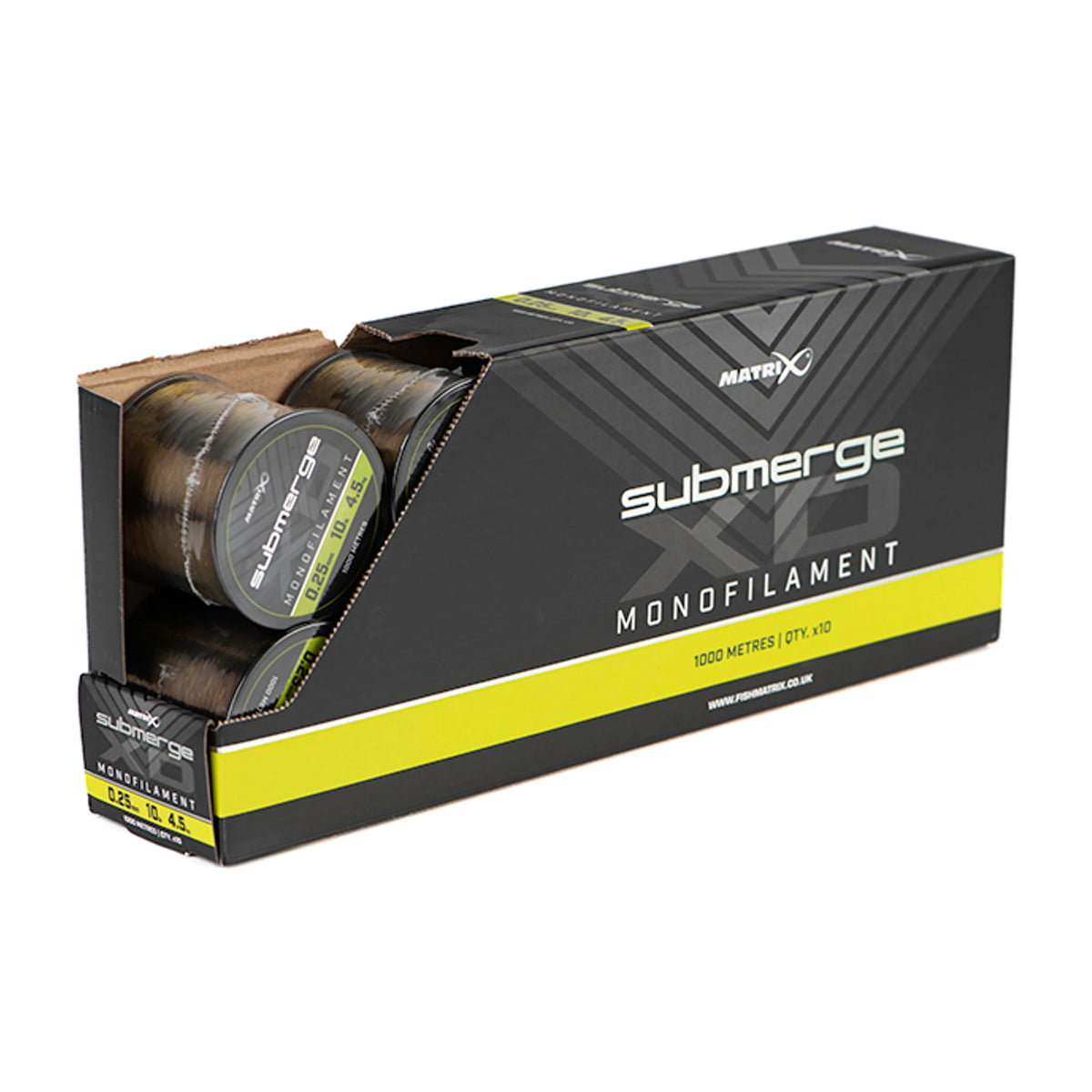 Matrix Submerge XD Bulk Monofilament 1000 m – geopende officiële displaydoos met bulkspoelen