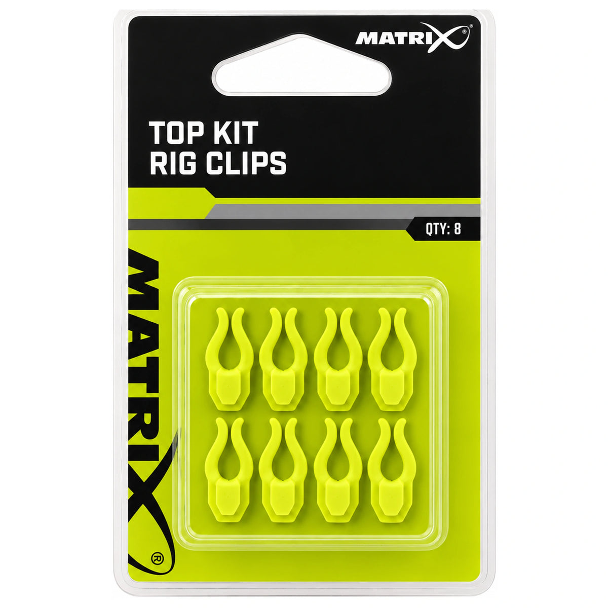 Acht gele Matrix Top Kit Rig Clips in twee rijen van vier in de blisterverpakking