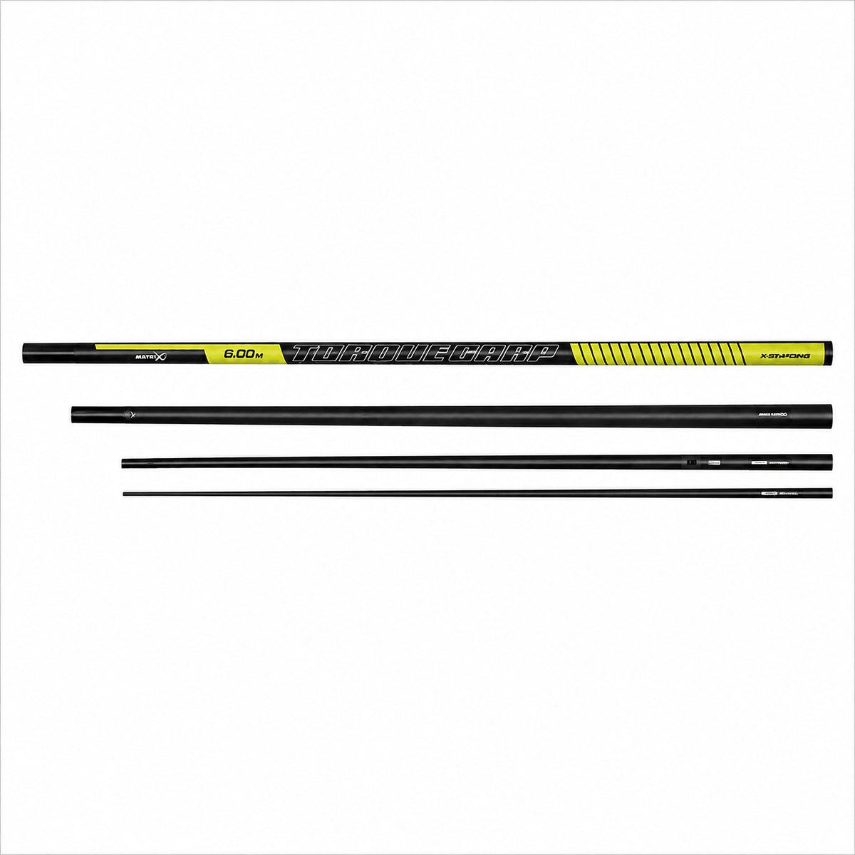 Matrix Torque Carp Power 6m Pole – overzicht van de vier hengeldelen met modelopdruk