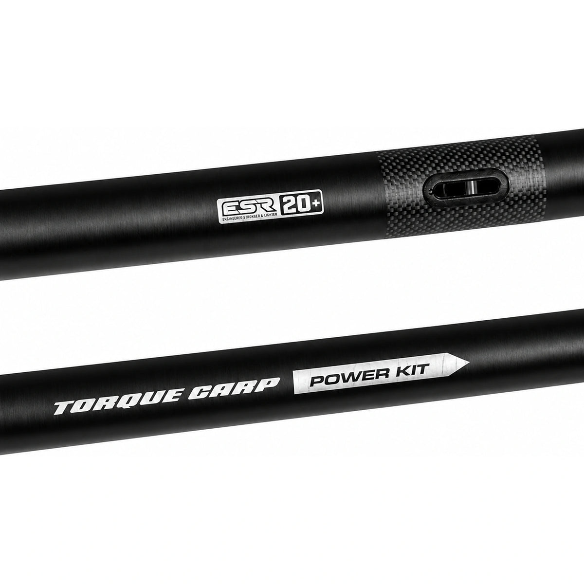 Torque Carp Power Kit: twee zwarte buisdetails met ESR 20+-opdruk, carbonweefsel en ovale sleuf.