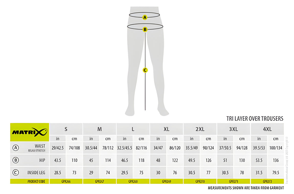 Matrix Tri-Layer Over Trousers 25K Pro - maattabel met taille, heup en binnenbeenlengte