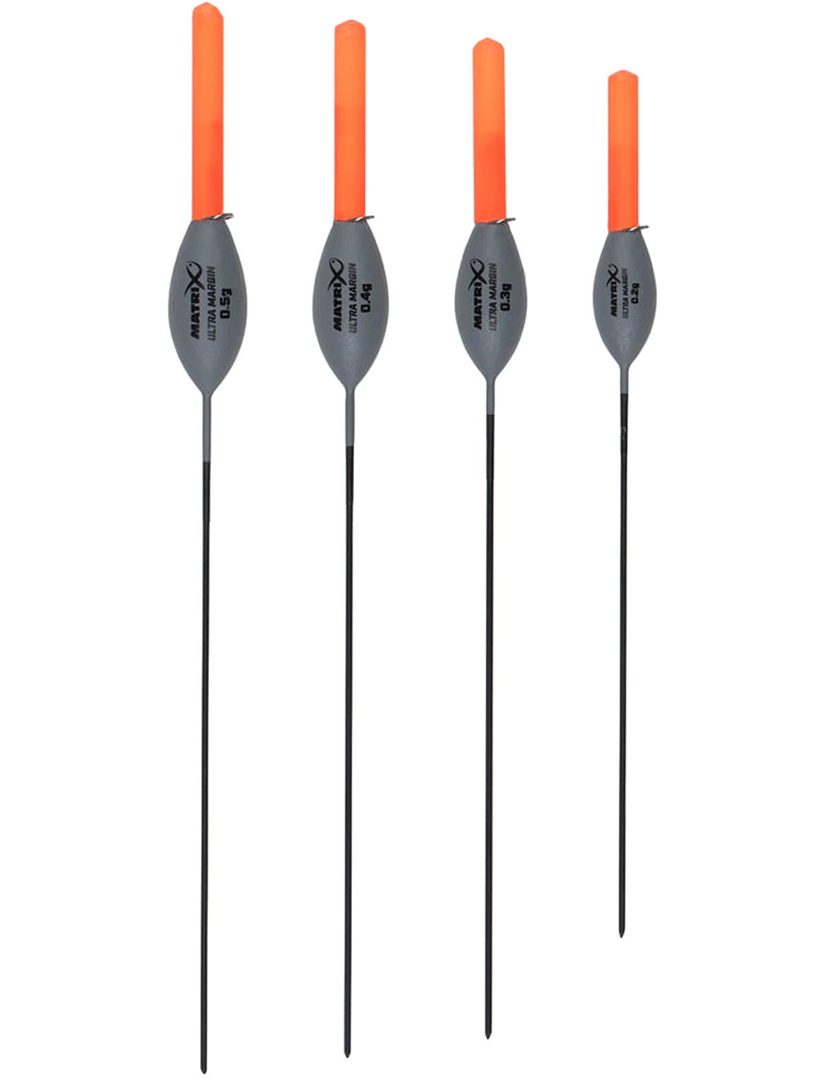 Matrix Ultra Margin dobbers van 0,20 tot 0,50 g volledig naast elkaar