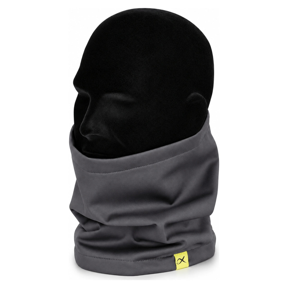 Matrix Wind Blocker Neck Warmer op een zwart hoofdmodel met het gele vislabel