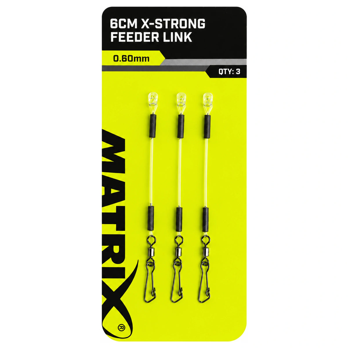 Drie Matrix X-Strong-feederlinks op gele verpakking met opdruk 6 cm en 0,60 mm