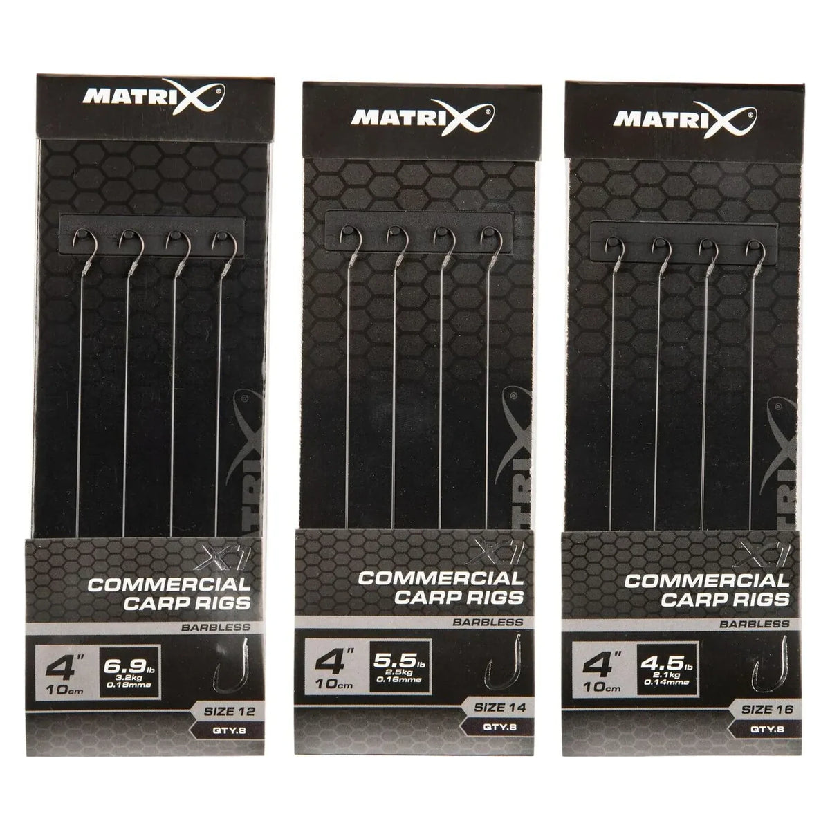 Matrix X1 Commercial Carp Rigs 10 cm – drie verpakkingen met haakmaten 12, 14 en 16