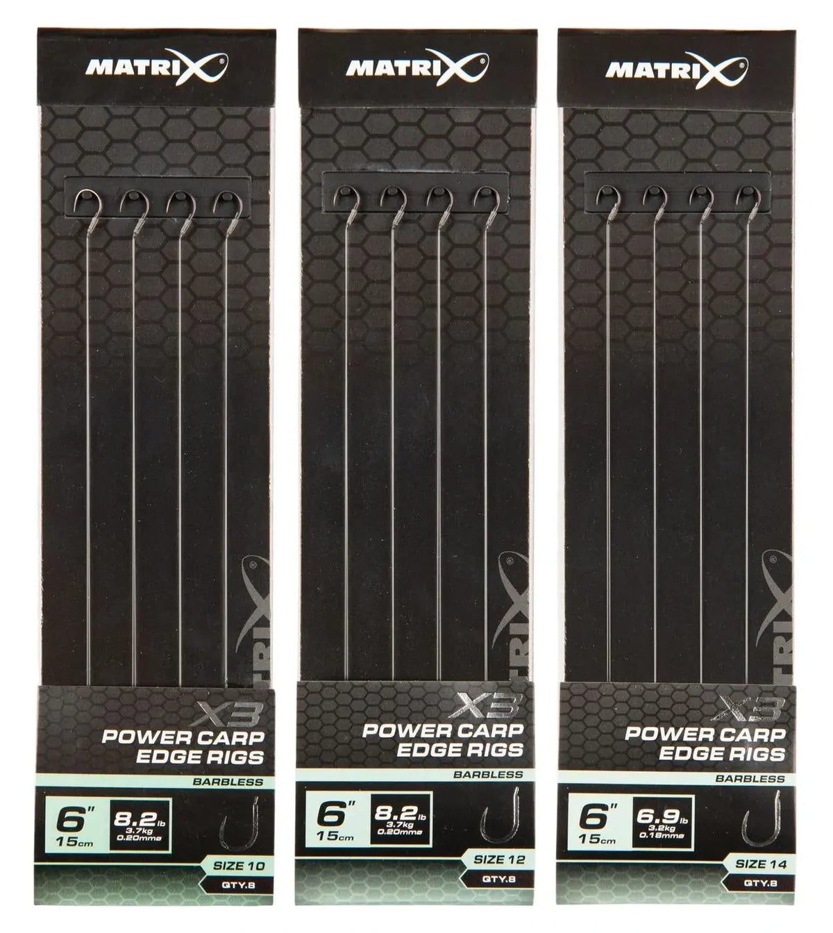 Matrix X3 Power Carp Edge Rigs 15 cm – drie originele verpakkingen met onderlijnen zonder weerhaak