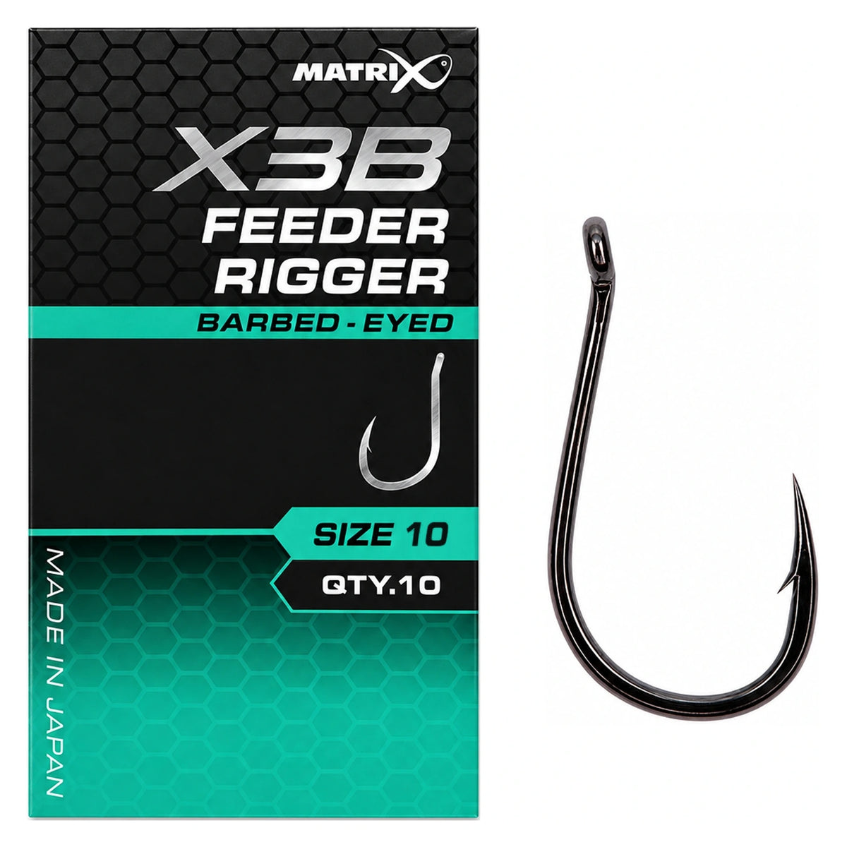 Matrix X3B Feeder Rigger Barbed Eyed – haak met oog en weerhaak, maat 10, verpakking en losse haak