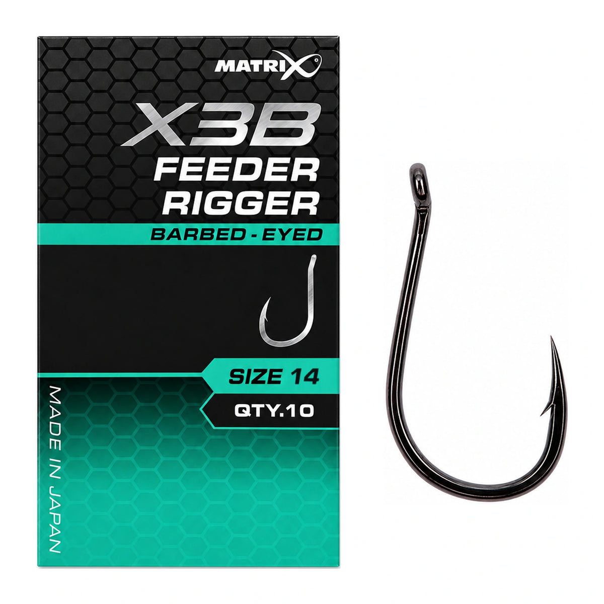 Matrix X3B Feeder Rigger Barbed Eyed – haak met oog en weerhaak, maat 14, verpakking en losse haak