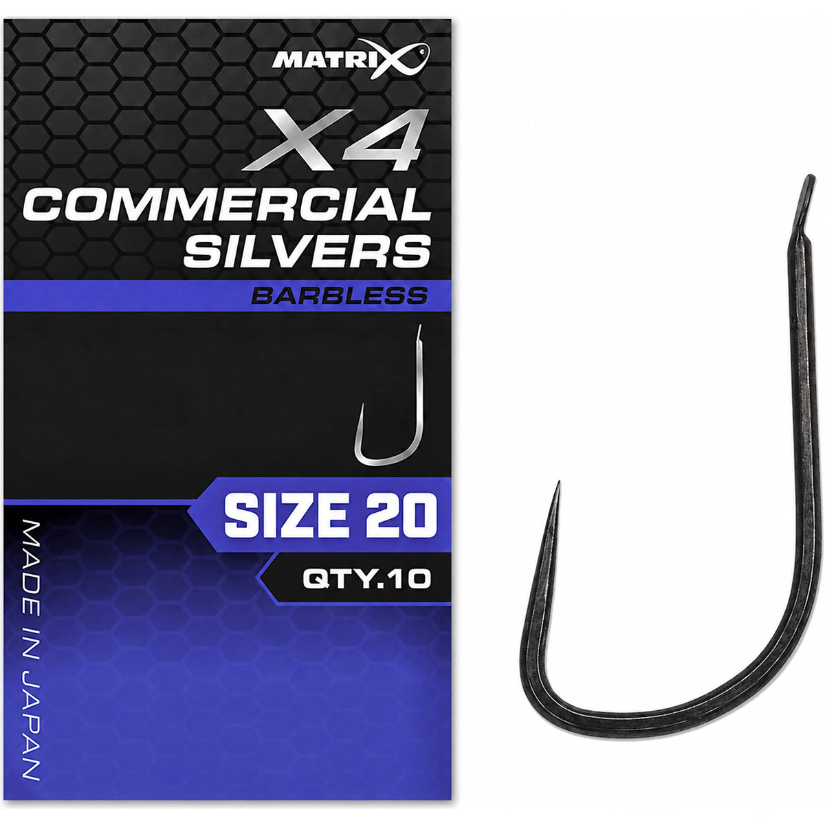 Matrix X4 Commercial Silvers Barbless Size 20 – verpakking en zwarte haak met bled