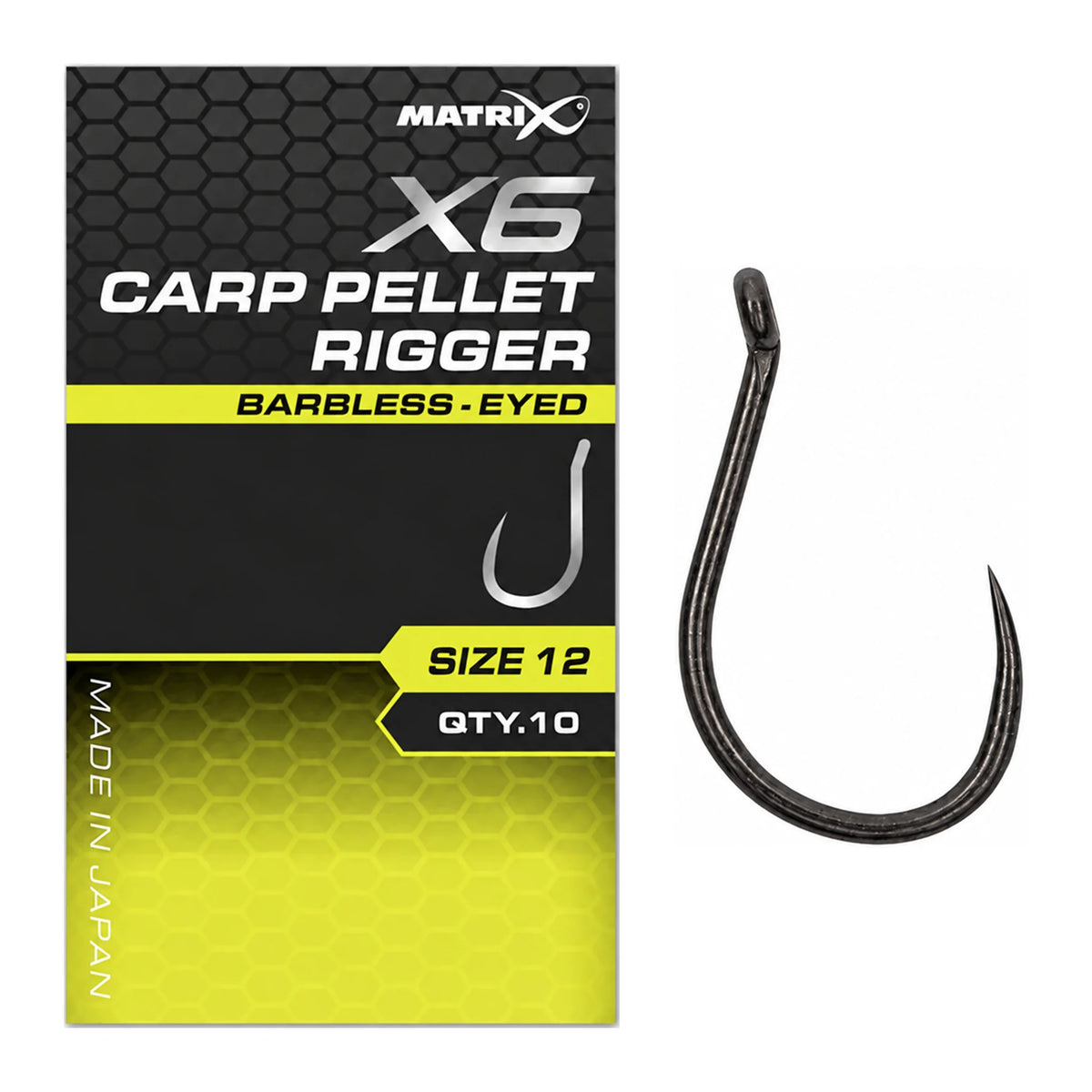 Matrix X6 Carp Pellet Rigger Barbless Eyed – verpakking en weerhaakloze ooghaak, maat 12