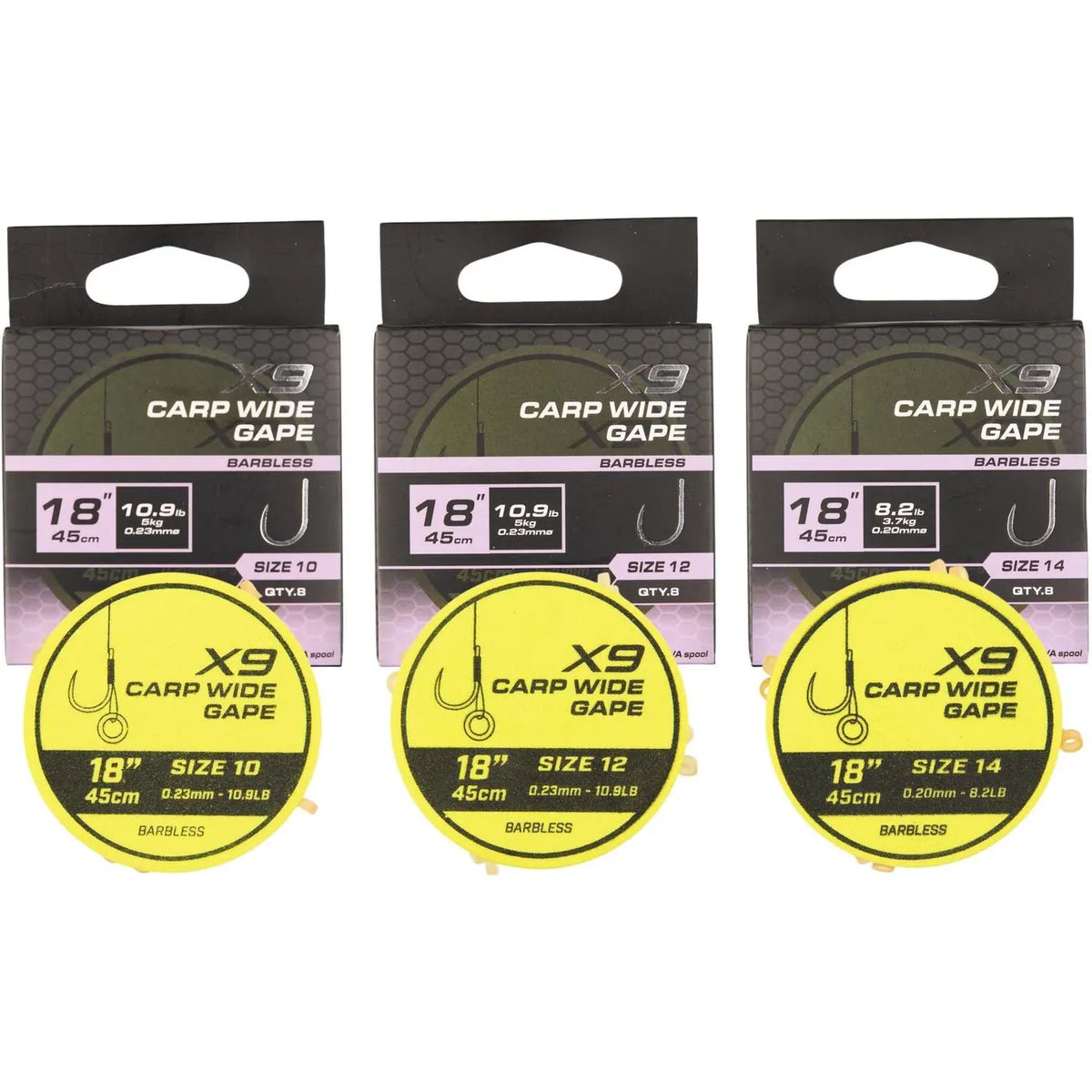 Matrix X9 Carp Wide Gape 45cm Band Rigs 45 cm Onderlijnen met Bait Band (8 stuks) GRR131/GRR132/GRR133 – productfoto 1