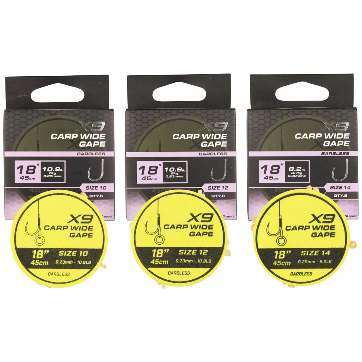 Matrix X9 Carp Wide Gape Band Rigs 45 cm – verpakkingen en spoelen maat 10, 12 en 14