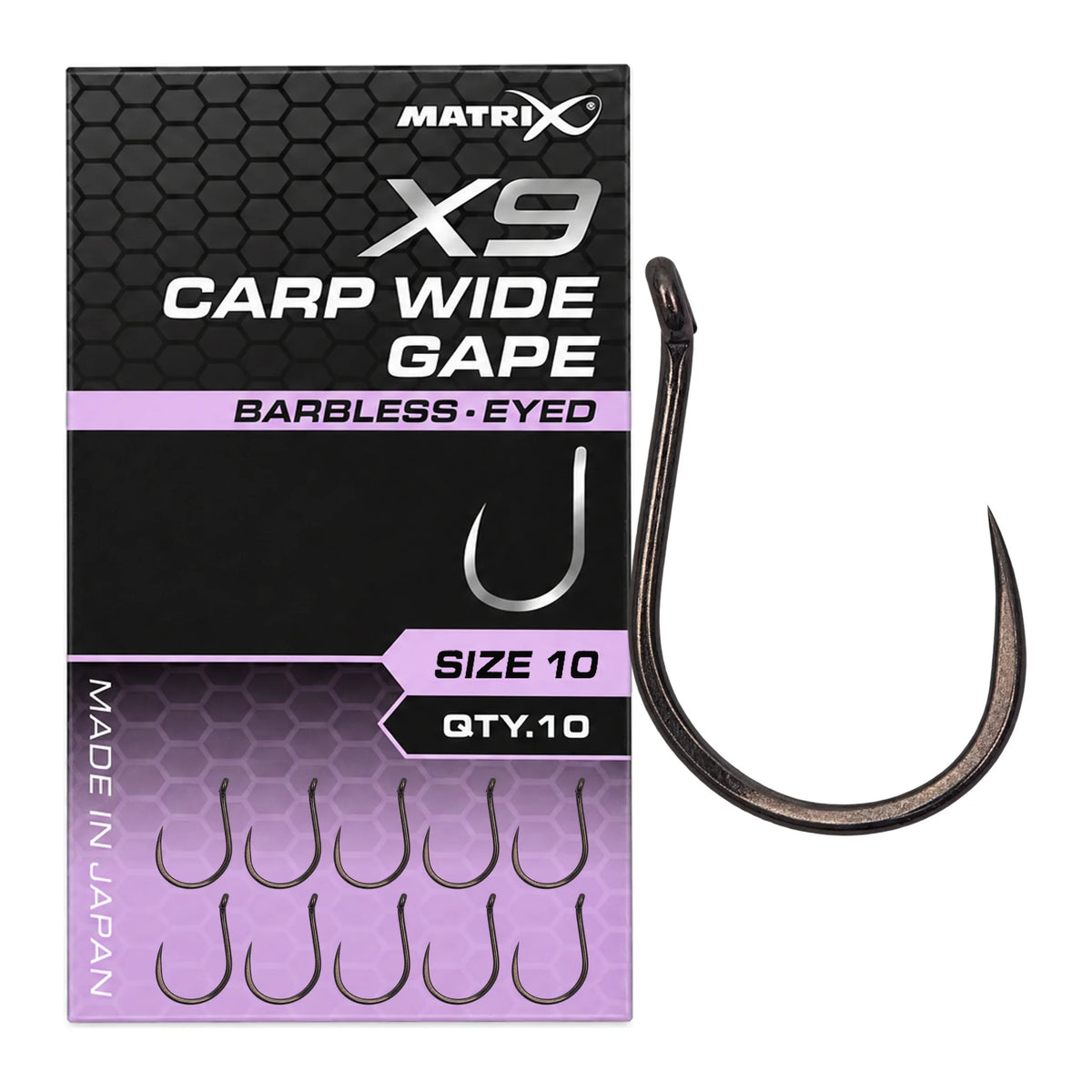 Matrix X9 Carp Wide Gape Barbless Eyed haak met oog zonder weerhaak, maat 10
