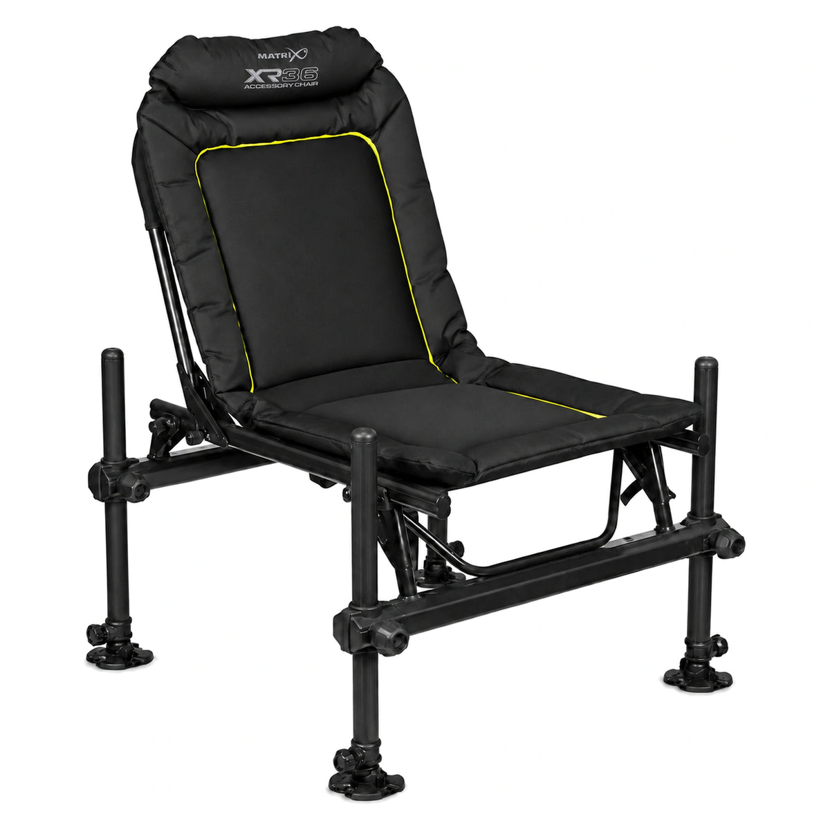 Matrix XR36 Pro Accessory Chair – volledige zwarte feederstoel met correcte XR36-hoofdsteunopdruk, verstelbare poten en limekleurige biezen