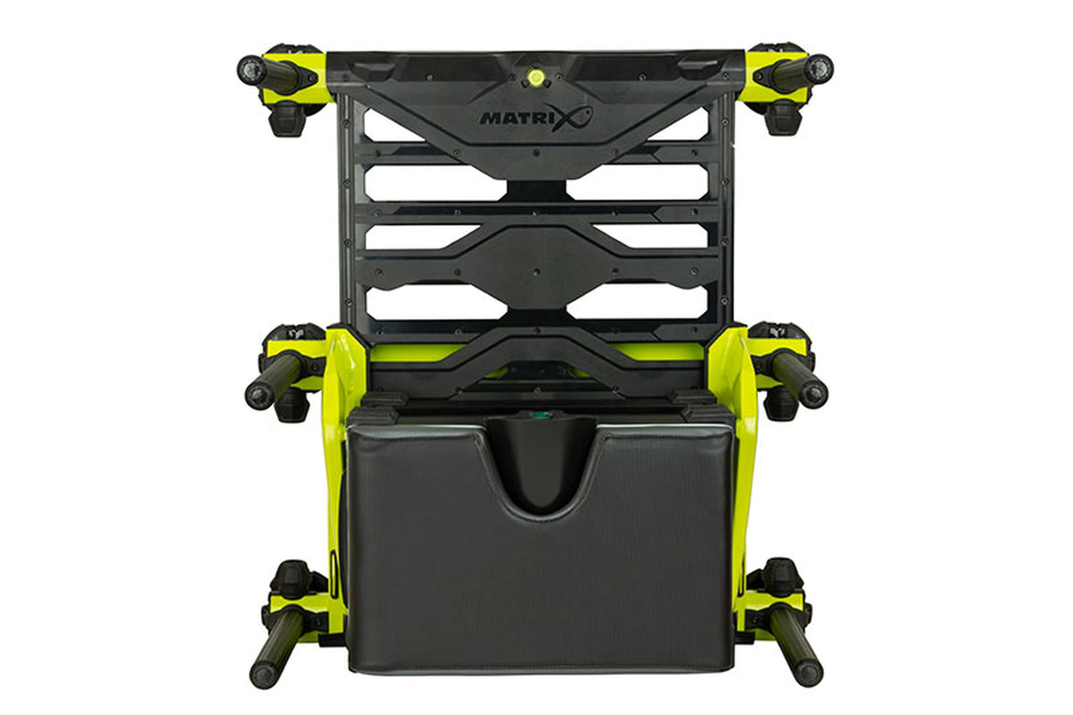 Matrix XR36 Pro Lime Seatbox – bovenaanzicht van de gevoerde zitting met uitsparing, zes poten en zwarte Matrix-voetplaat