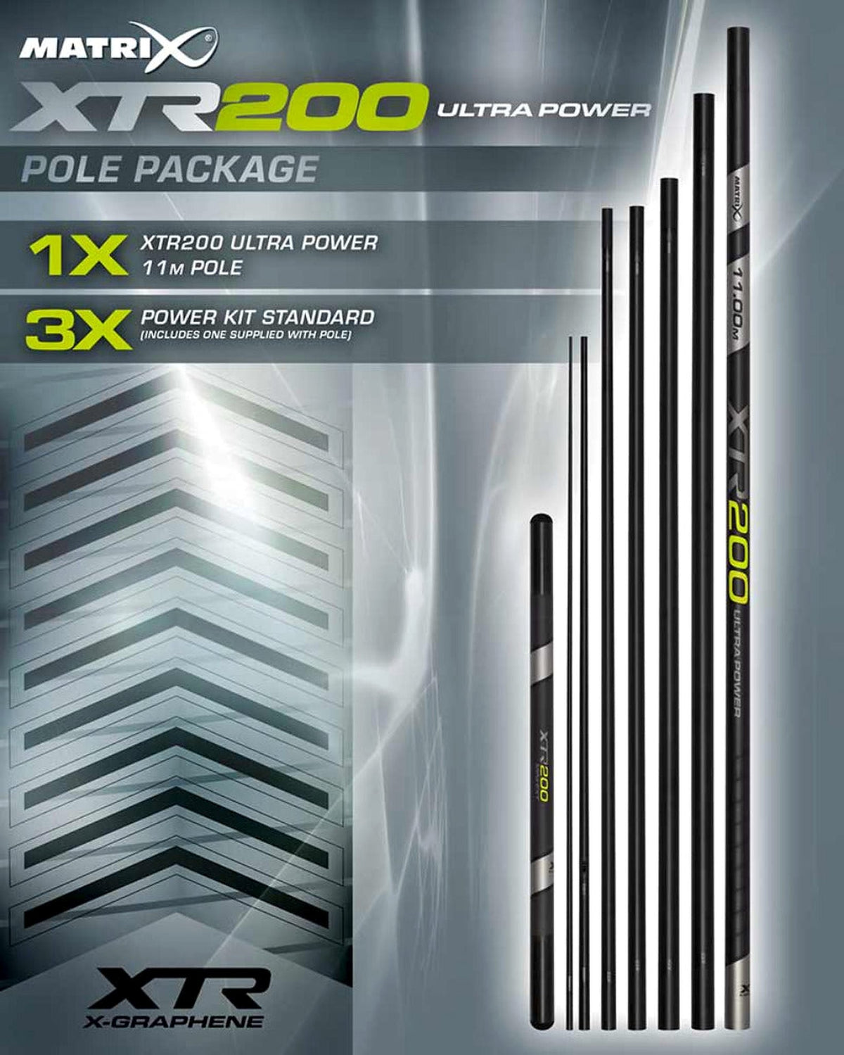 Matrix XTR200 Ultra Power pakketoverzicht met 11 m vaste hengel, drie Power Kit Standard-topkits en X-Graphene-aanduiding