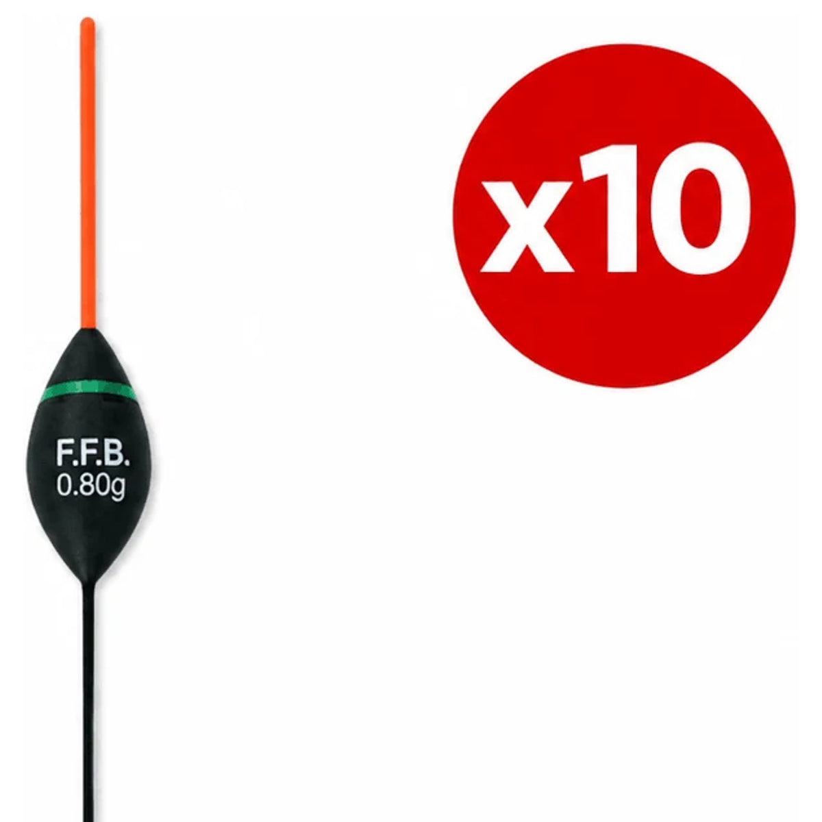 Zwarte FFB-dobber met groene band, rode antenne en x10-aanduiding op witte achtergrond.