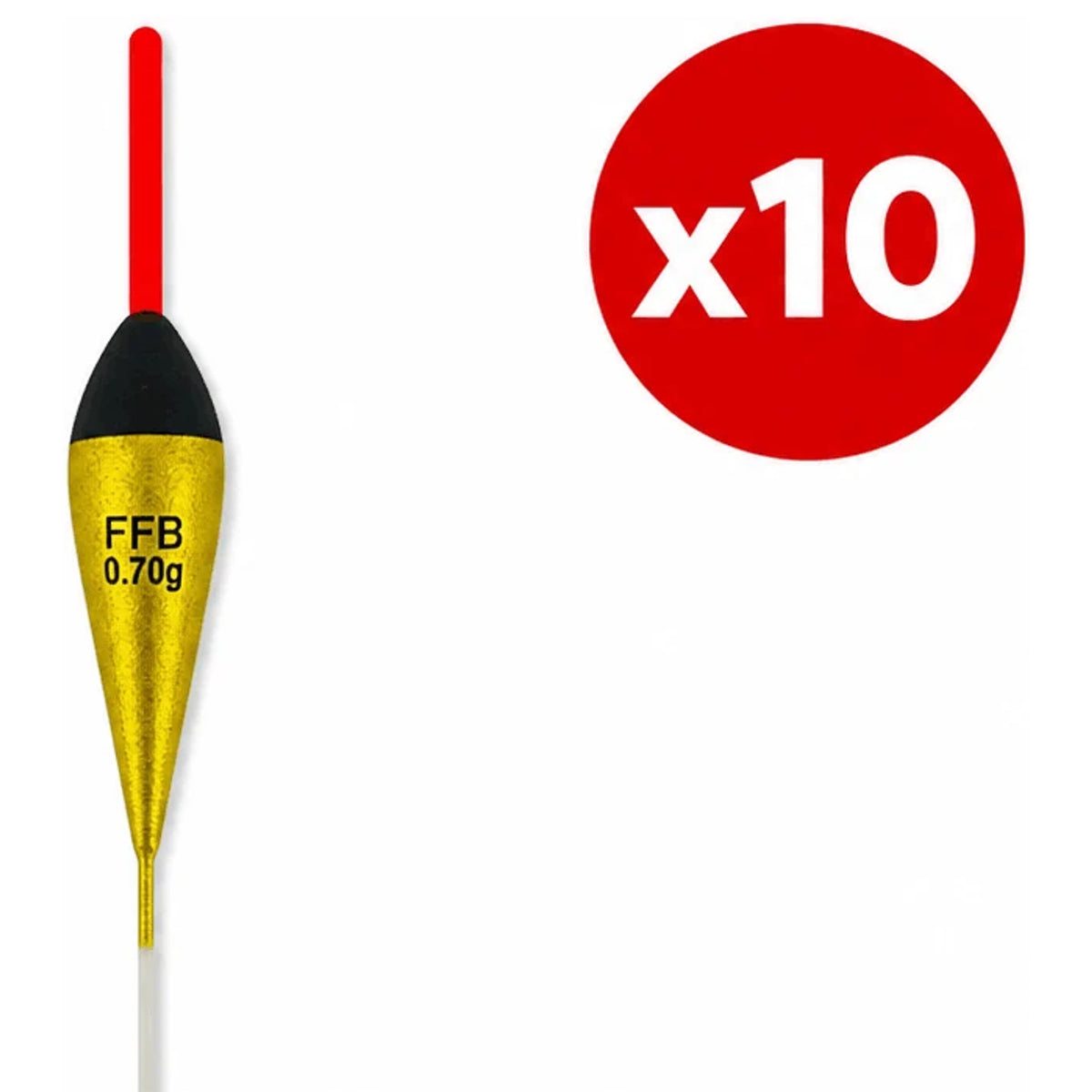 Goudkleurige FFB-dobber met zwarte bovenkant, rode antenne en x10-aanduiding.