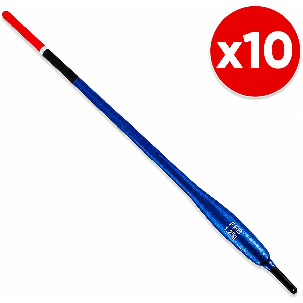 Lange blauwe FFB-dobber met rode antenne, zwarte onderste bevestiging en x10-aanduiding.