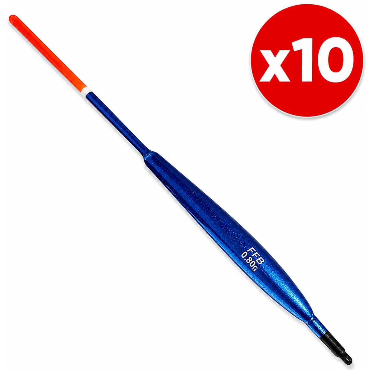 Blauwe FFB-dobber met oranje antenne, zwarte onderste bevestiging en x10-aanduiding.