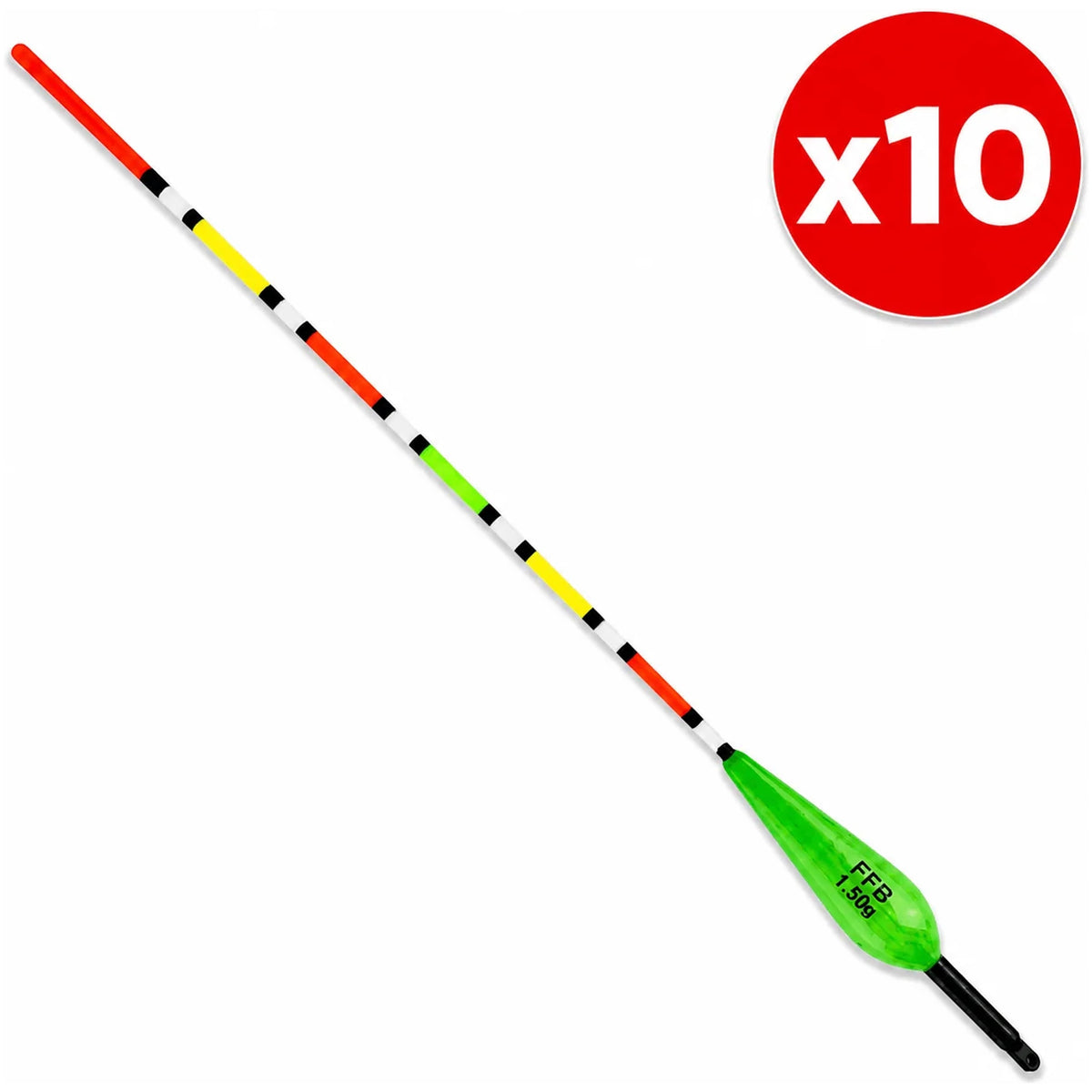 Groene dobber met FFB 1.50g-opdruk, lange gekleurde antenne en x10-aanduiding op witte achtergrond.