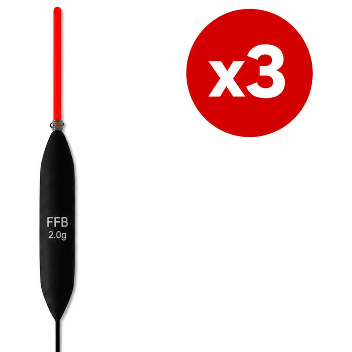 Lange zwarte FFB-dobber met metalen oogje, rode antenne en x3-aanduiding.