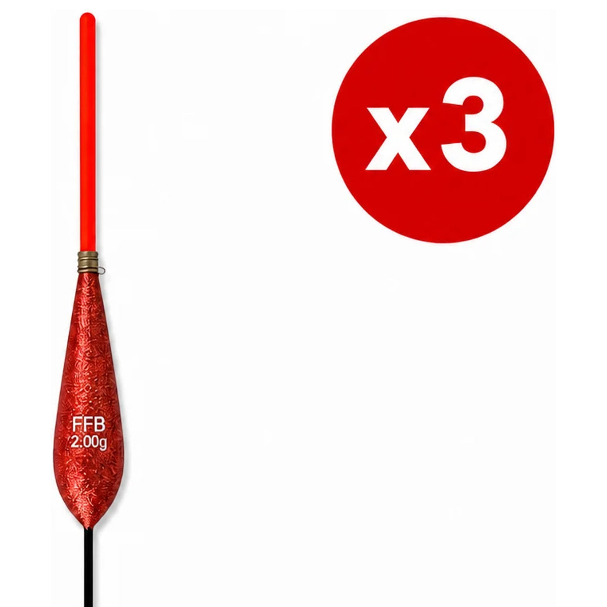 Rode FFB-dobber met structuur, metalen oogje, rode antenne en x3-aanduiding.