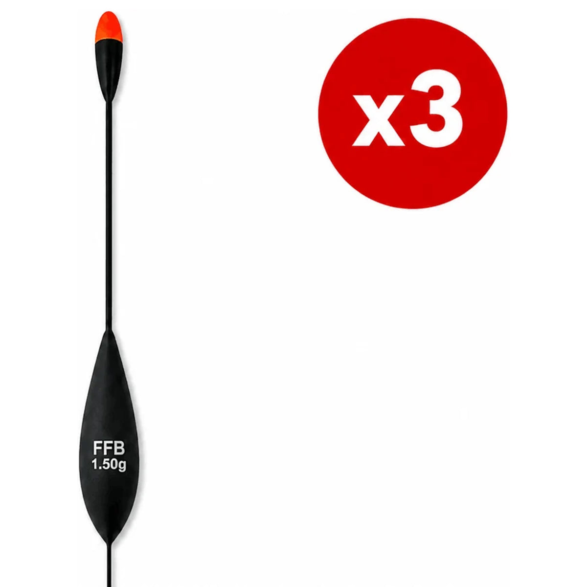 Zwarte FFB-dobber met twee dobberdelen, oranje top en x3-aanduiding op witte achtergrond.