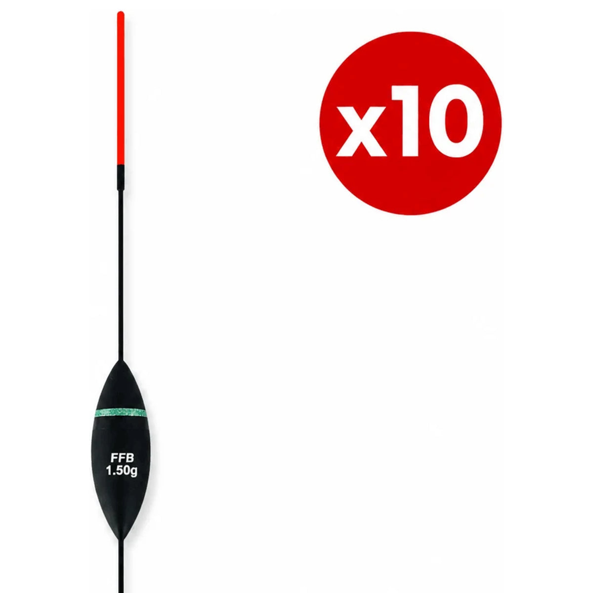Zwarte FFB-dobber met groene band, lange rode antenne en x10-aanduiding.