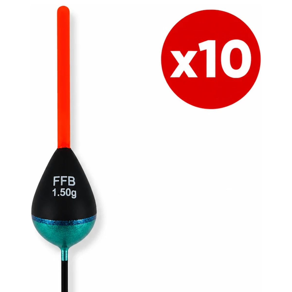 Zwart-turkooizen FFB-dobber met blauwe band, rode antenne en x10-aanduiding.