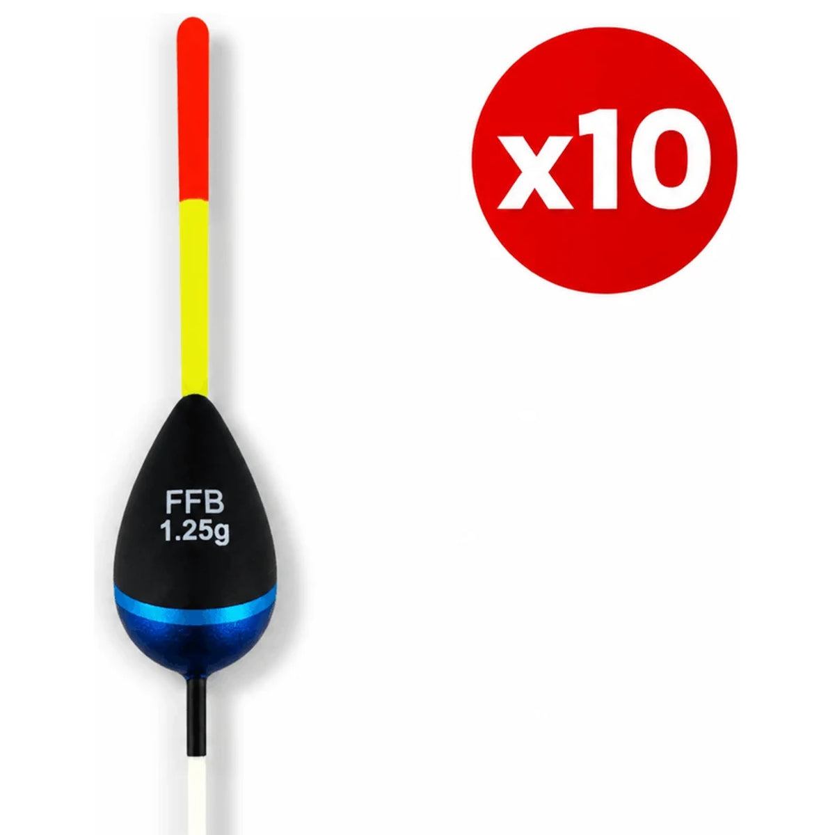 Zwart-blauwe FFB-dobber met blauwe band, rood-gele antenne en x10-aanduiding.