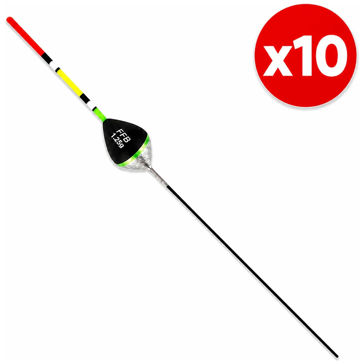 Schuin afgebeelde zwart-zilveren FFB-dobber met groene band, meerkleurige antenne en x10-aanduiding.
