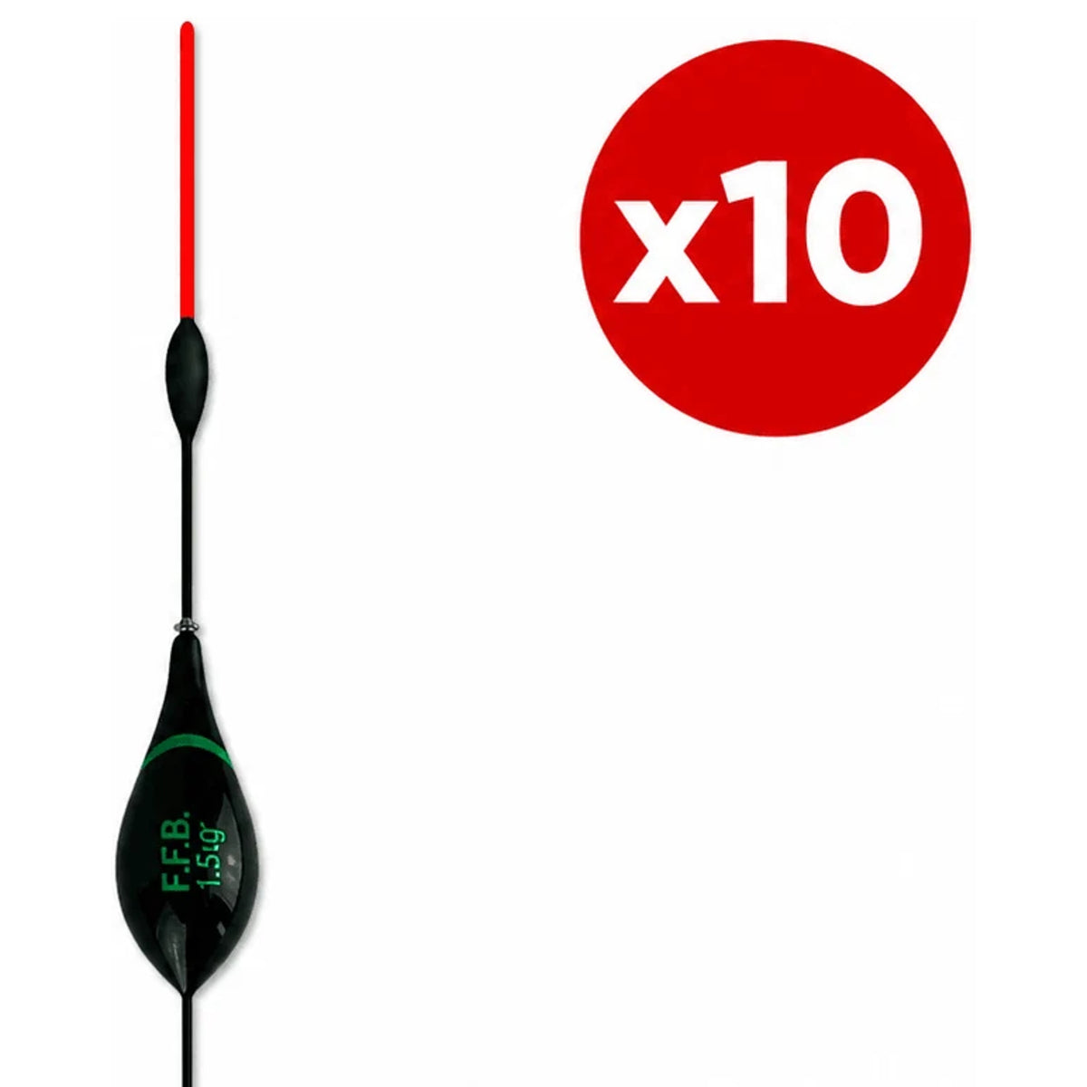 FFB-dobber met twee zwarte dobberdelen, groene opdruk, rode antenne en x10-aanduiding.