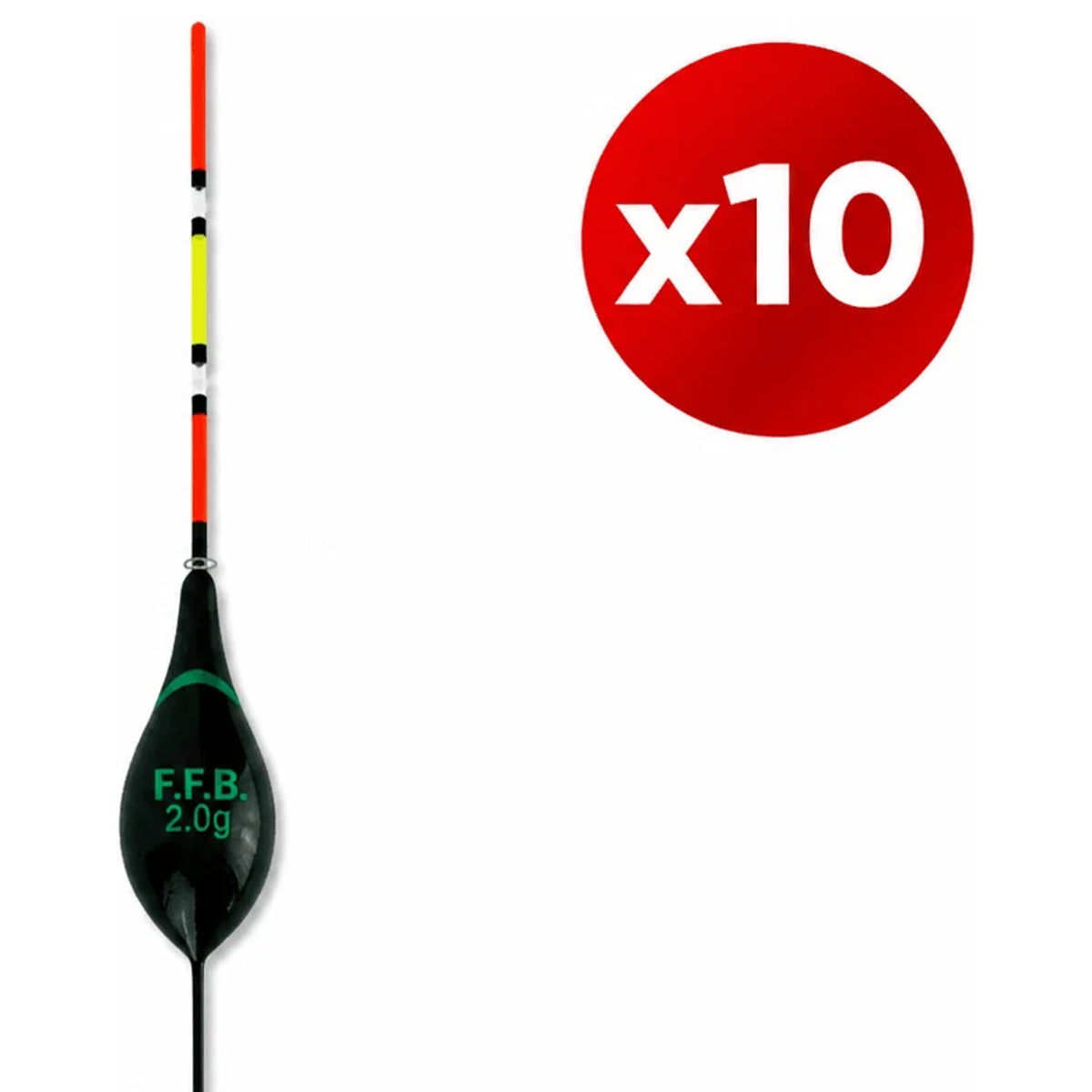 Zwarte FFB-dobber met groene opdruk, meerkleurige antenne en x10-aanduiding.