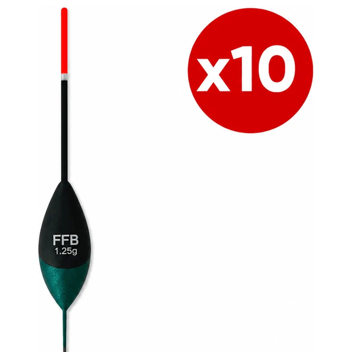 Zwart-turkooizen FFB-dobber met rode antenne en x10-aanduiding op witte achtergrond.
