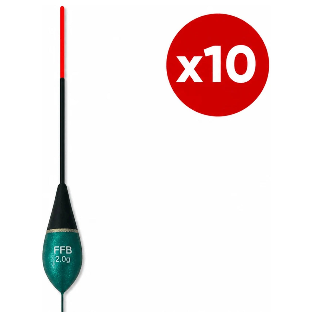 Turkooizen FFB-dobber met zwarte bovenkant, goudkleurige band, rode antenne en x10-aanduiding.