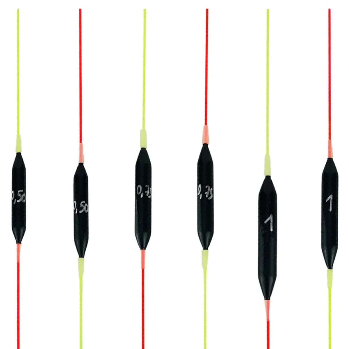 Carpshop24 Paste 1 – zes dobbers met rode en gele antennes en gewichten 0,50, 0,75 en 1 g