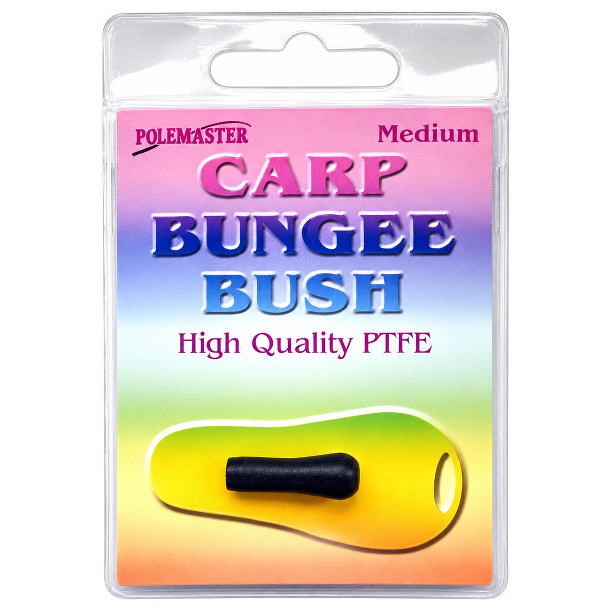 Zwarte Polemaster Carp Bungee Bush op gele afbeelding in Medium-verpakking met High Quality PTFE-opdruk