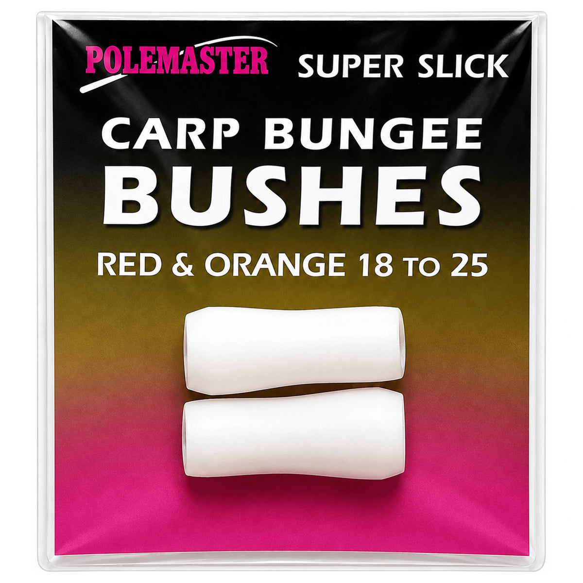 Twee witte Polemaster Super Slick Carp Bungee Bushes op kaart met Red & Orange 18 to 25-opdruk