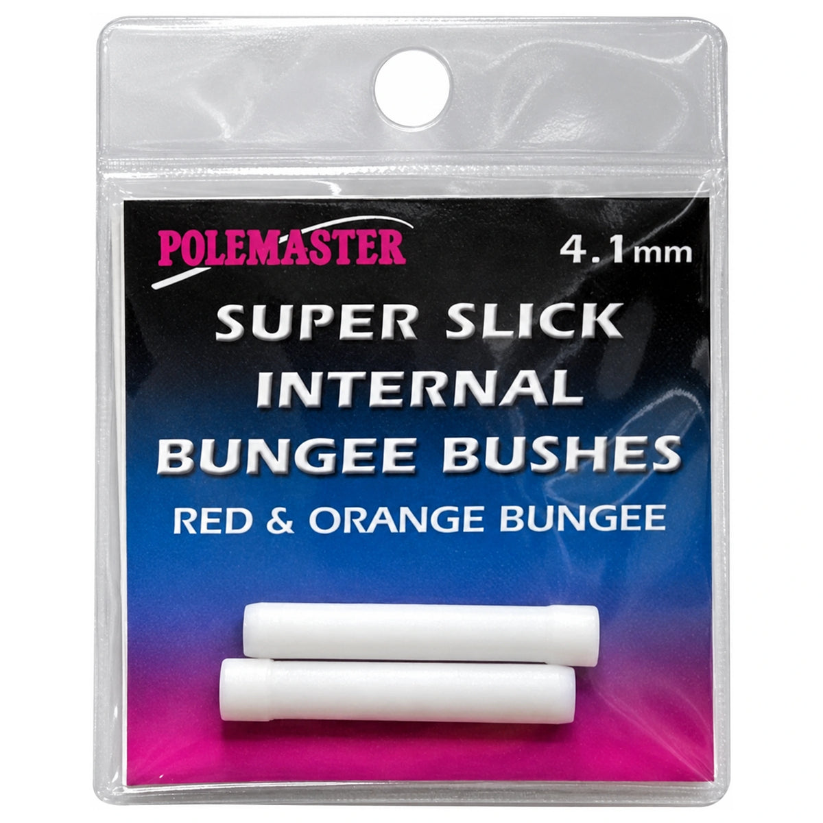 Twee witte Polemaster Super Slick Internal Bungee Bushes in verpakking met 4.1 mm-opdruk