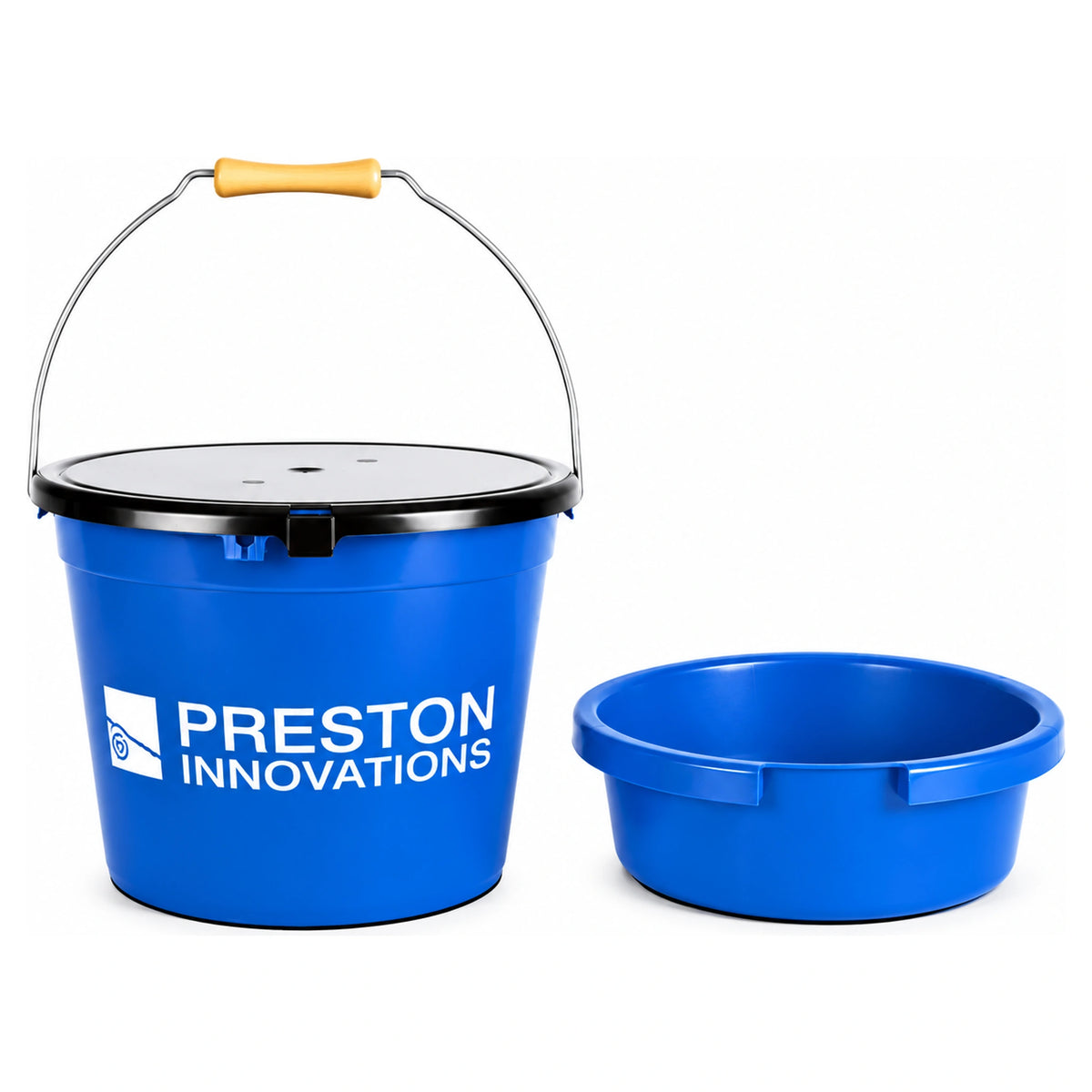 Preston blauwe voeremmer met deksel, draagbeugel en losse inzetbak